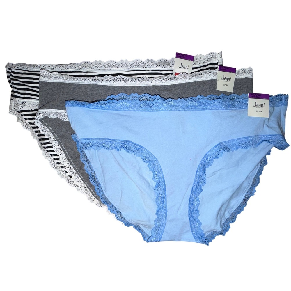 Jenni Intimates Hipster Brief 3 Pack ‎ Blue Ink Grey Lace Trim Size XXL, NWT